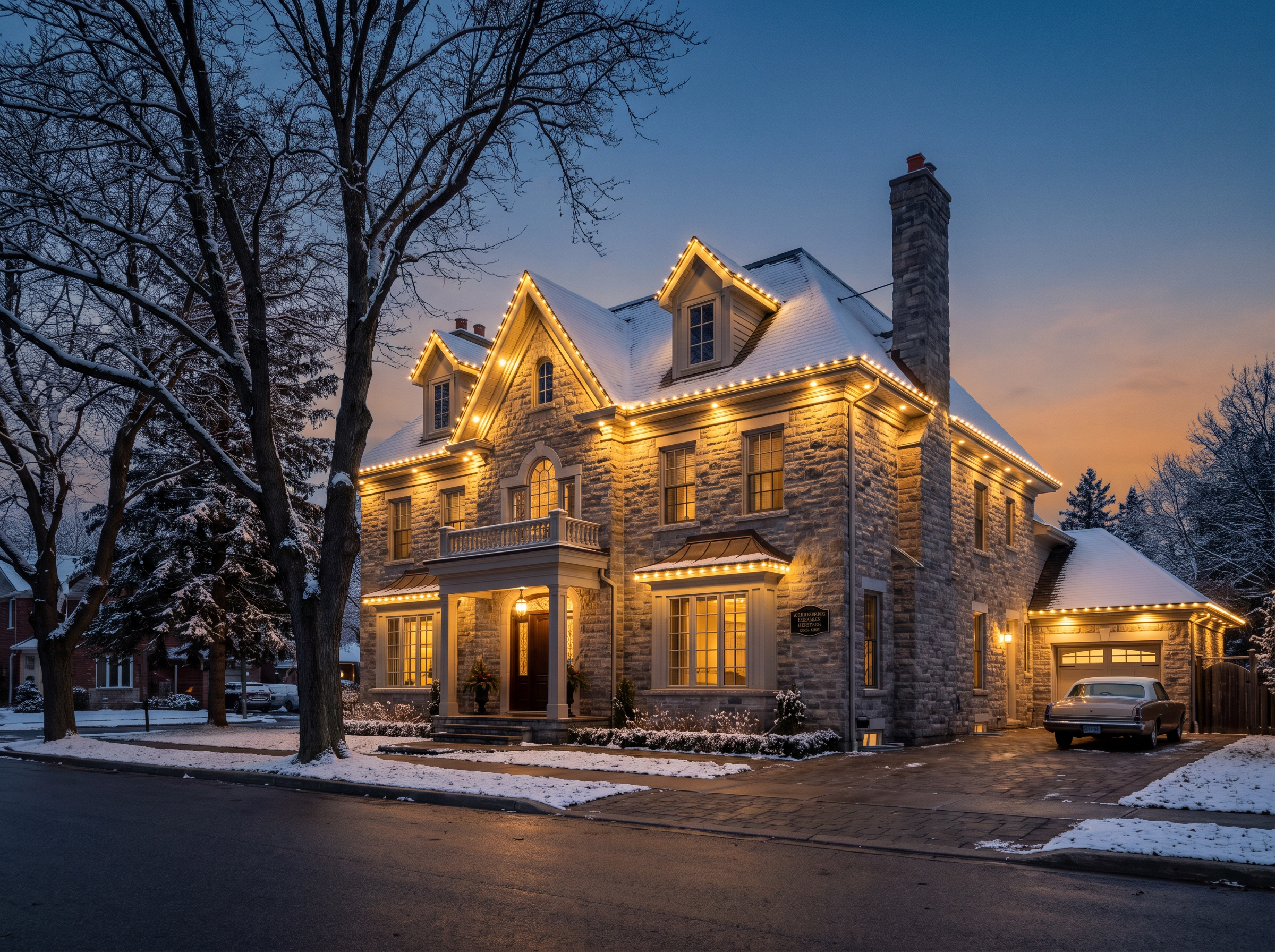 Permanent LED lighting in warm white on a heritage-style Kleinburg village home