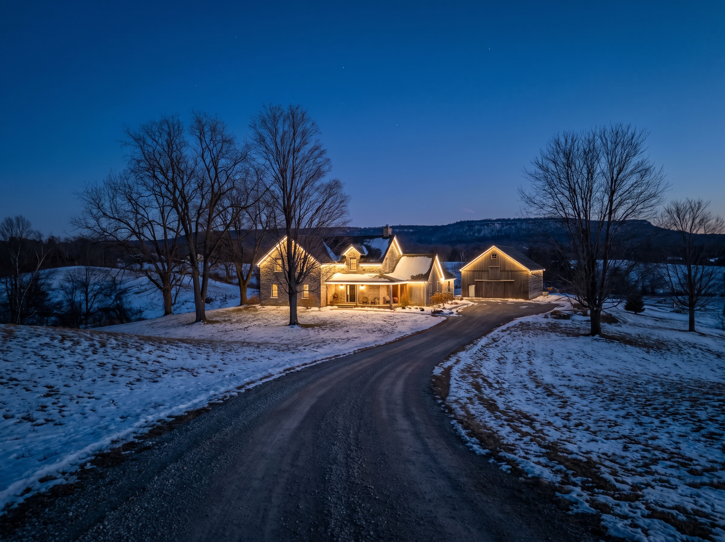 Permanent LED lighting in warm white on a rural estate farmhouse in Mono, Ontario