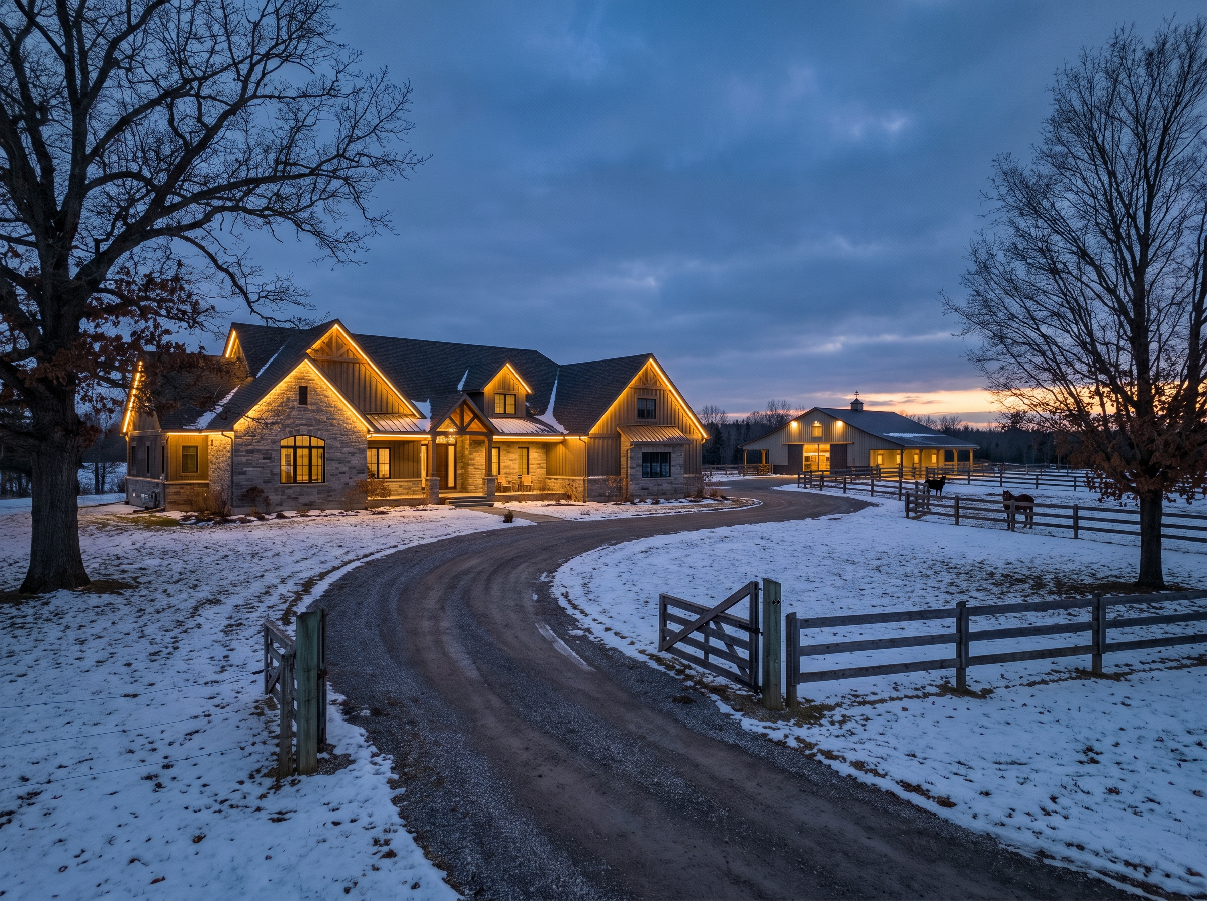 Permanent LED lighting in warm gold on a Schomberg equestrian estate home