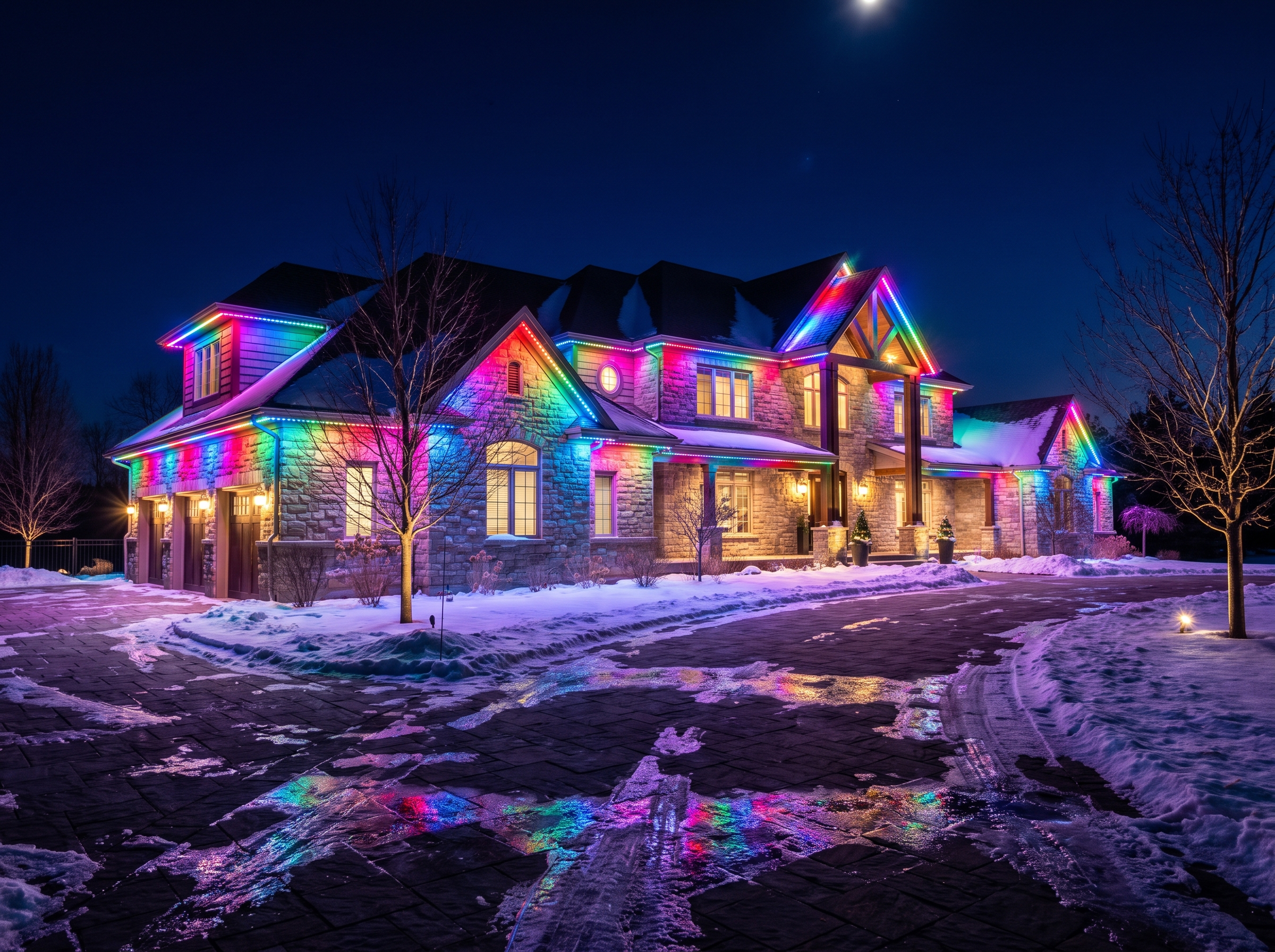 Permanent LED Christmas lights glowing in vibrant multicolor along the roofline of a luxury estate home at night