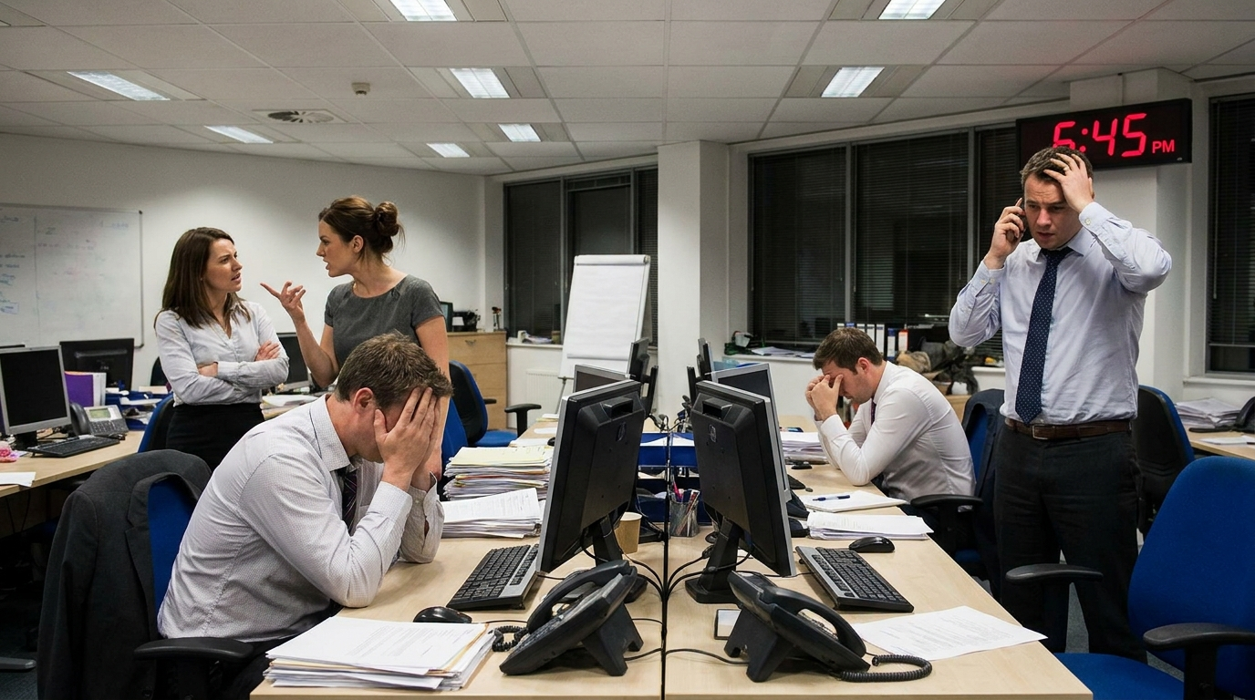 Trabalhadores em escritorio com sinais de sobrecarga e conflito, riscos psicossociais no trabalho