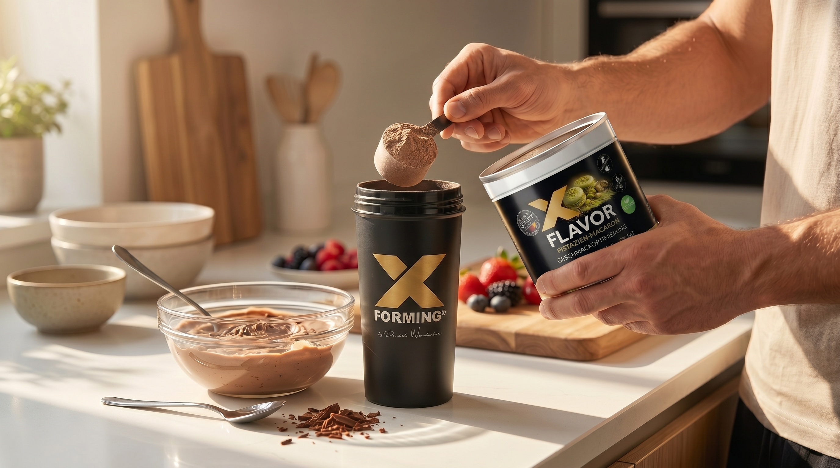 X‑FLAVOR und X‑Shaker beim Zubereiten der Schoko-Protein-Creme