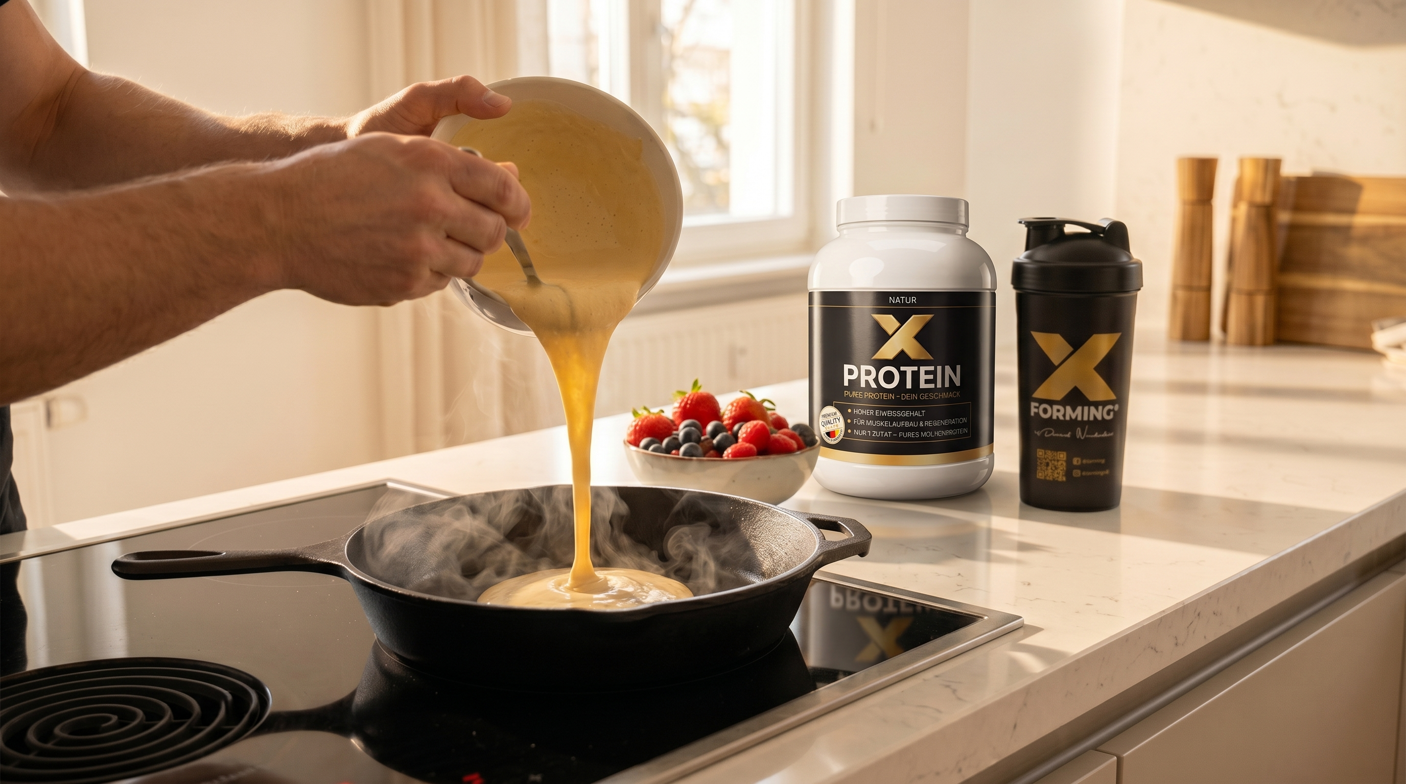 Pancake-Teig wird in die Pfanne gegossen, daneben X‑PROTEIN und X‑Shaker