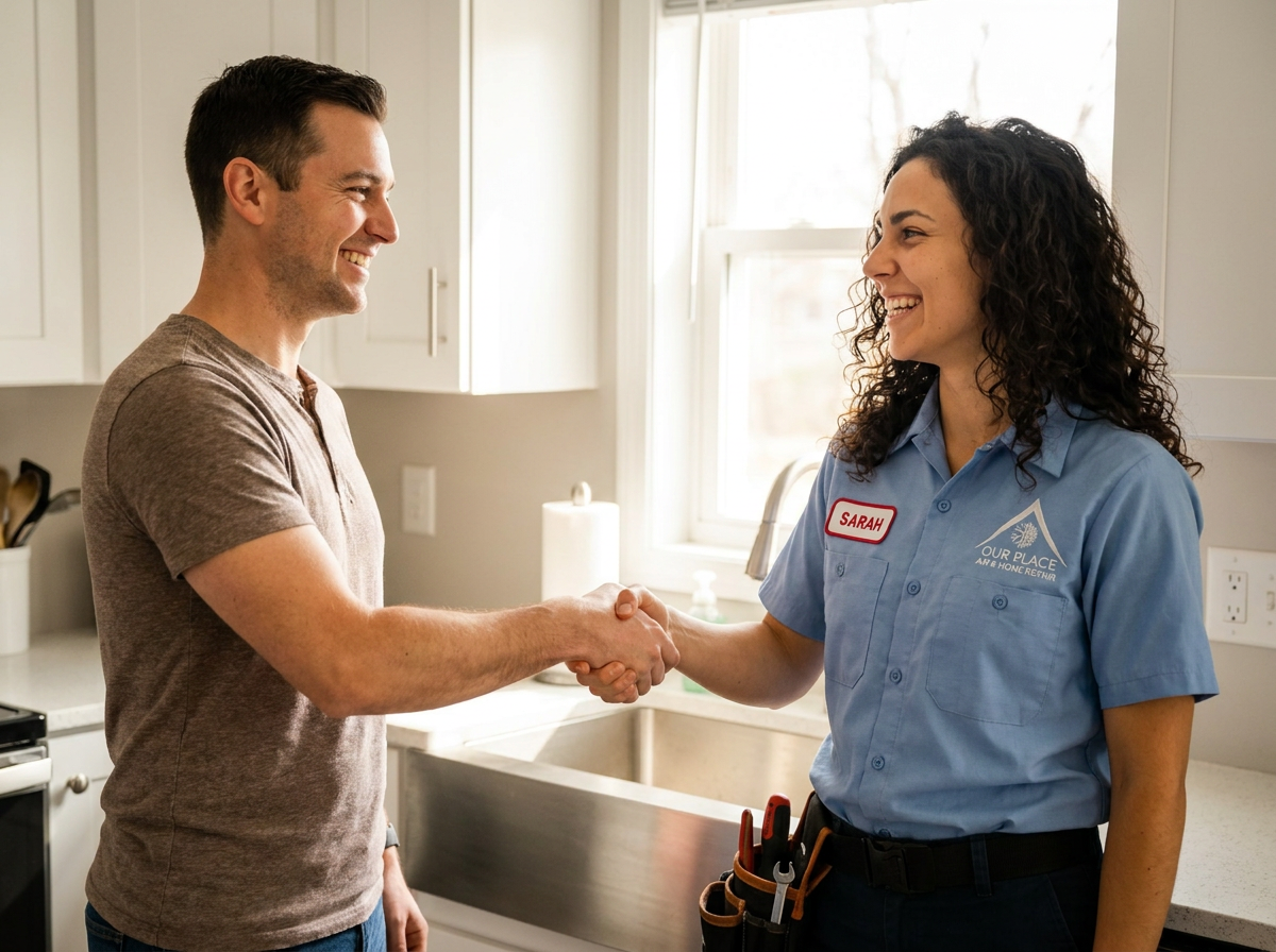 Our Place plumber and a happy homeowner