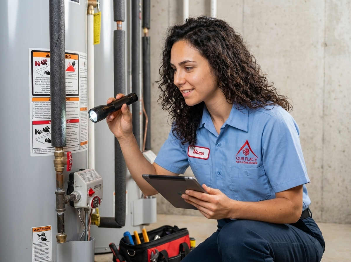 Licensed Our Place plumber inspecting a water heater