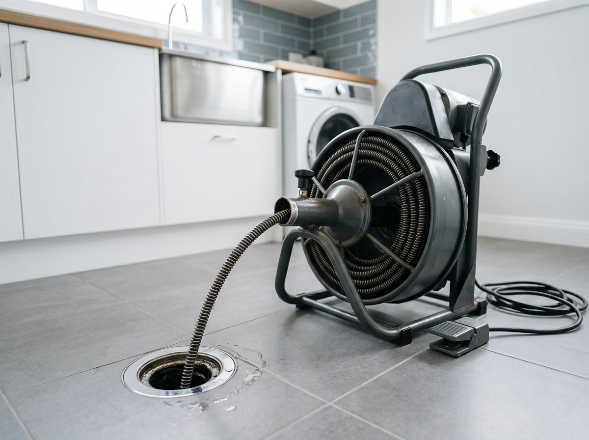 Professional motorized drum drain-cleaning machine clearing a floor drain