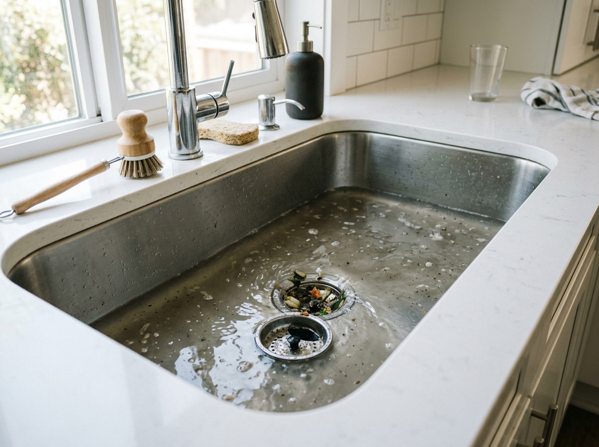 Kitchen sink with cloudy water standing from a slow, clogged drain