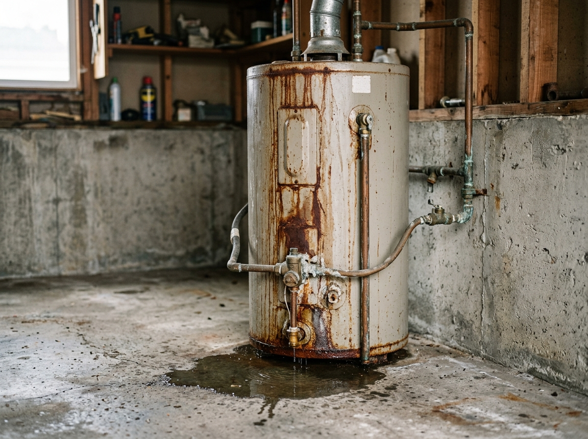 Old rusty tank water heater leaking onto a garage floor and needing replacement