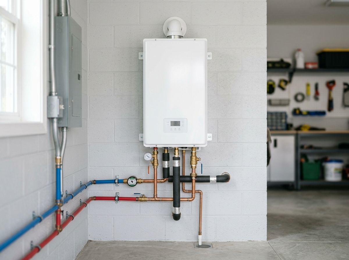 Modern tankless water heater installed on a wall in a clean Central Florida utility room