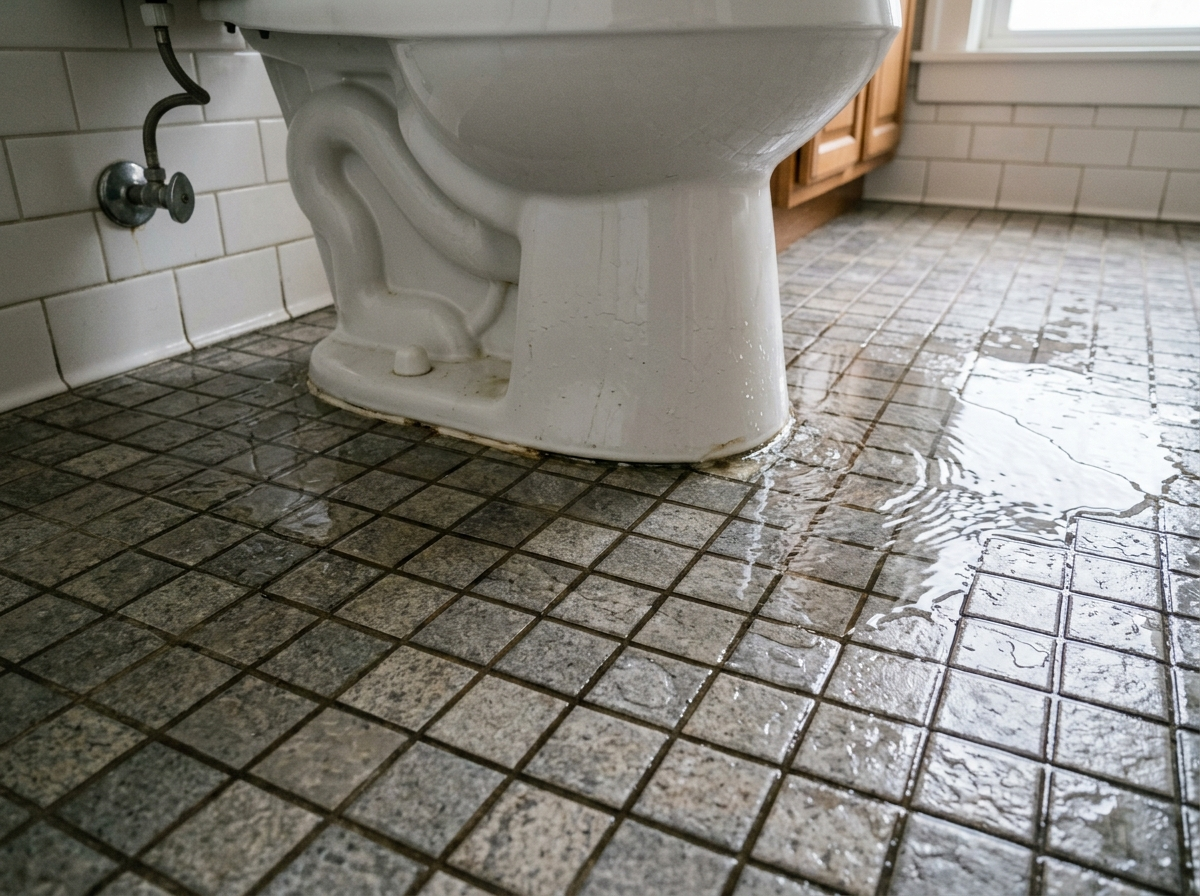 Water pooling on the bathroom floor around the base of a leaking toilet
