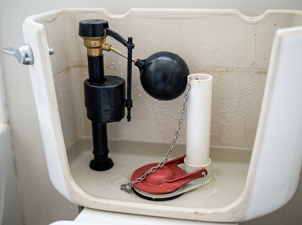 Open toilet tank showing the fill valve, float, and flapper being repaired