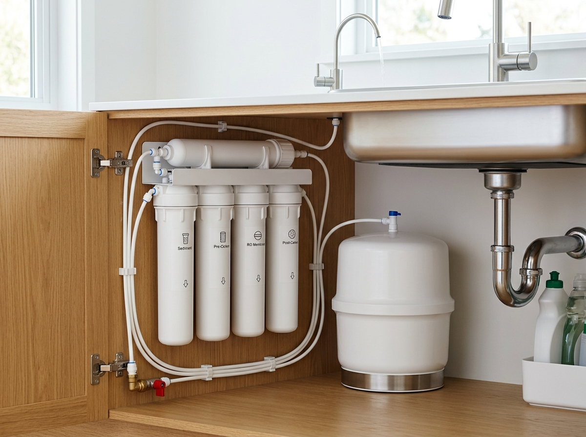Under-sink reverse osmosis drinking water filtration system installed in a Central Florida home