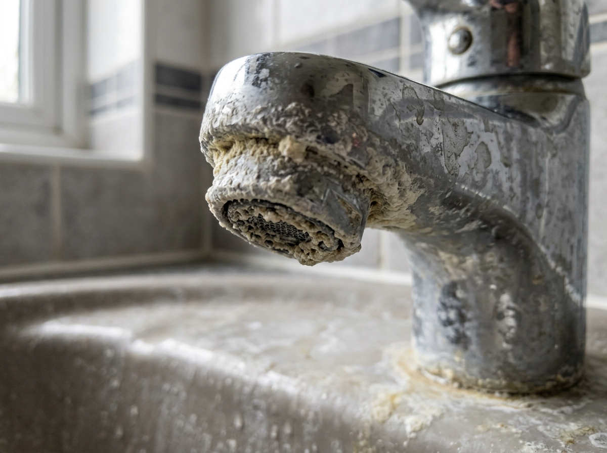 Hard water limescale buildup crusting a chrome bathroom faucet in Central Florida
