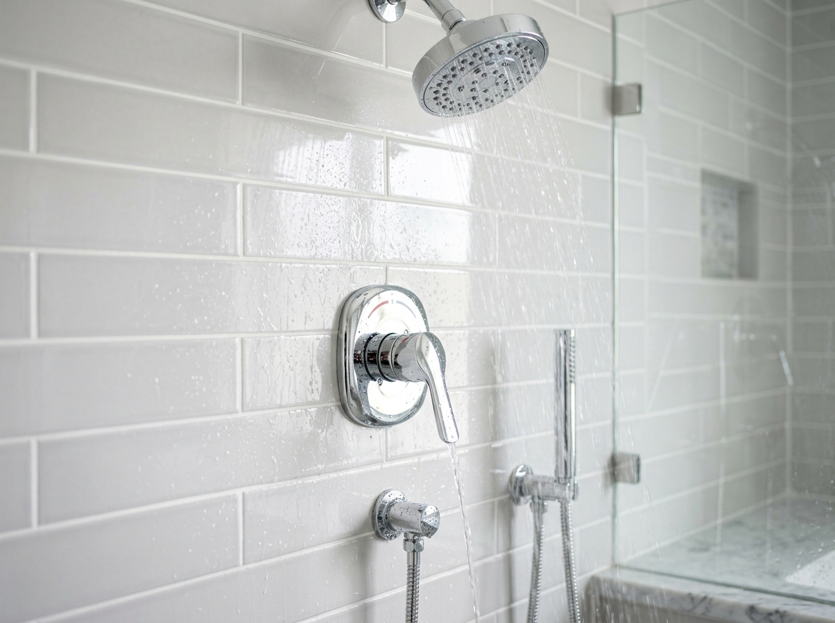 Modern chrome shower valve and fixture being repaired on a tiled shower wall