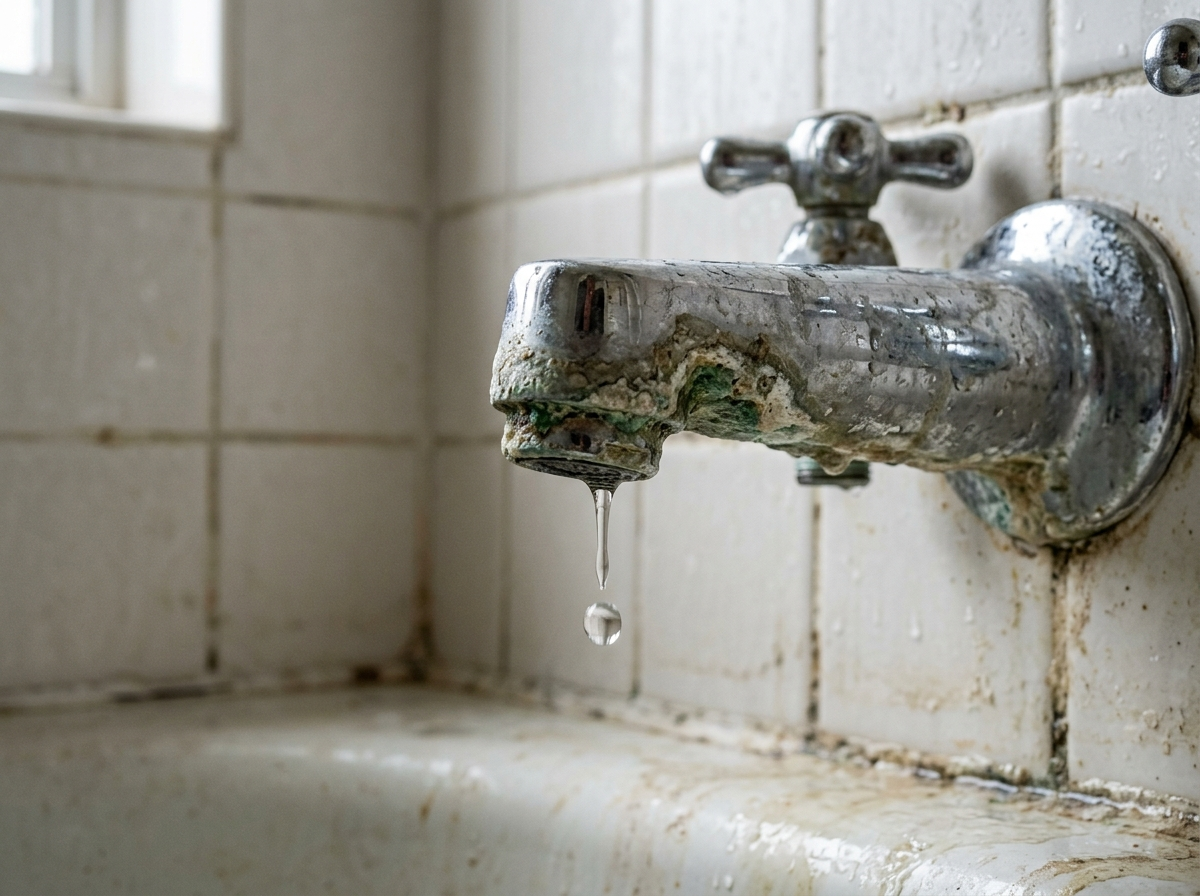 Dripping chrome bathtub faucet with hard-water staining needing repair