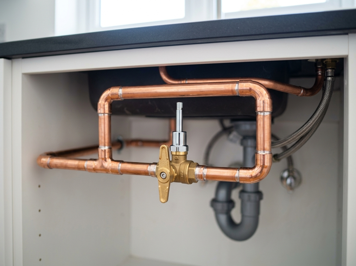 New copper pipe joints and shutoff valve neatly installed during a pipe repair