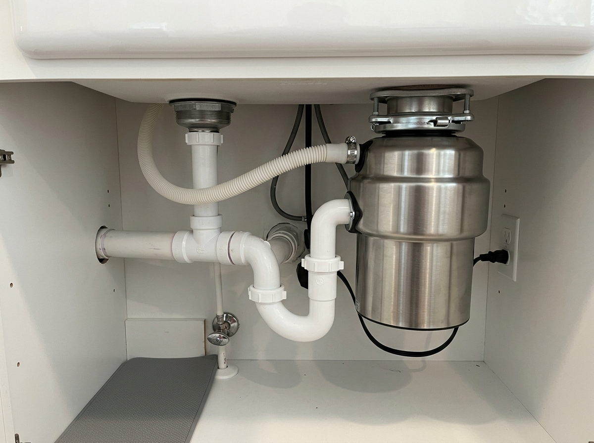 New stainless steel garbage disposal installed under a kitchen sink with PVC drain piping