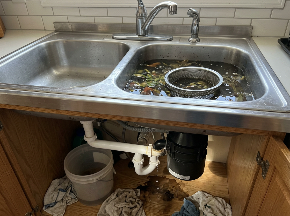 Kitchen sink with water backed up from a jammed, clogged garbage disposal