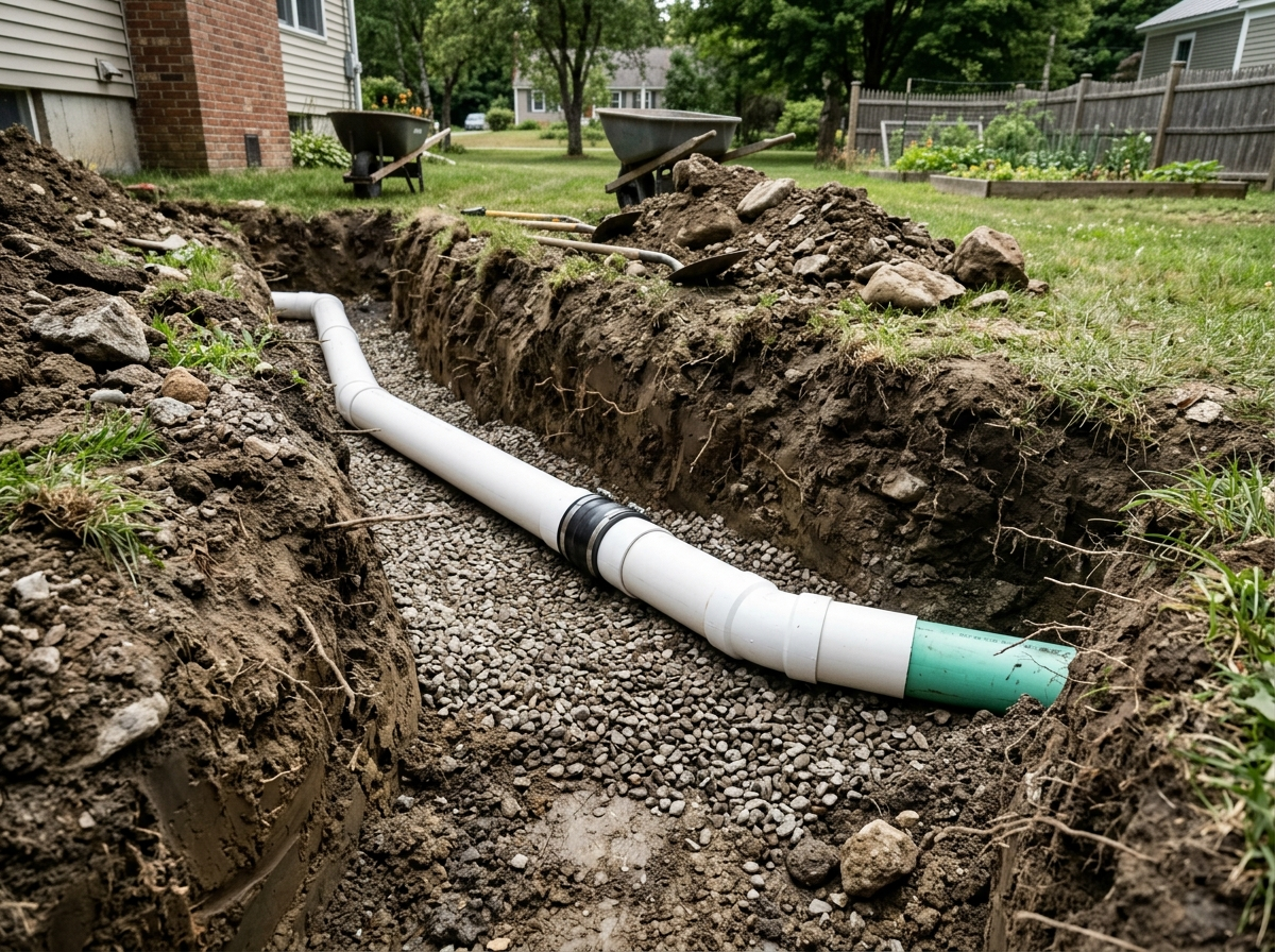 New white PVC sewer line pipe sections laid in an excavated trench during a replacement