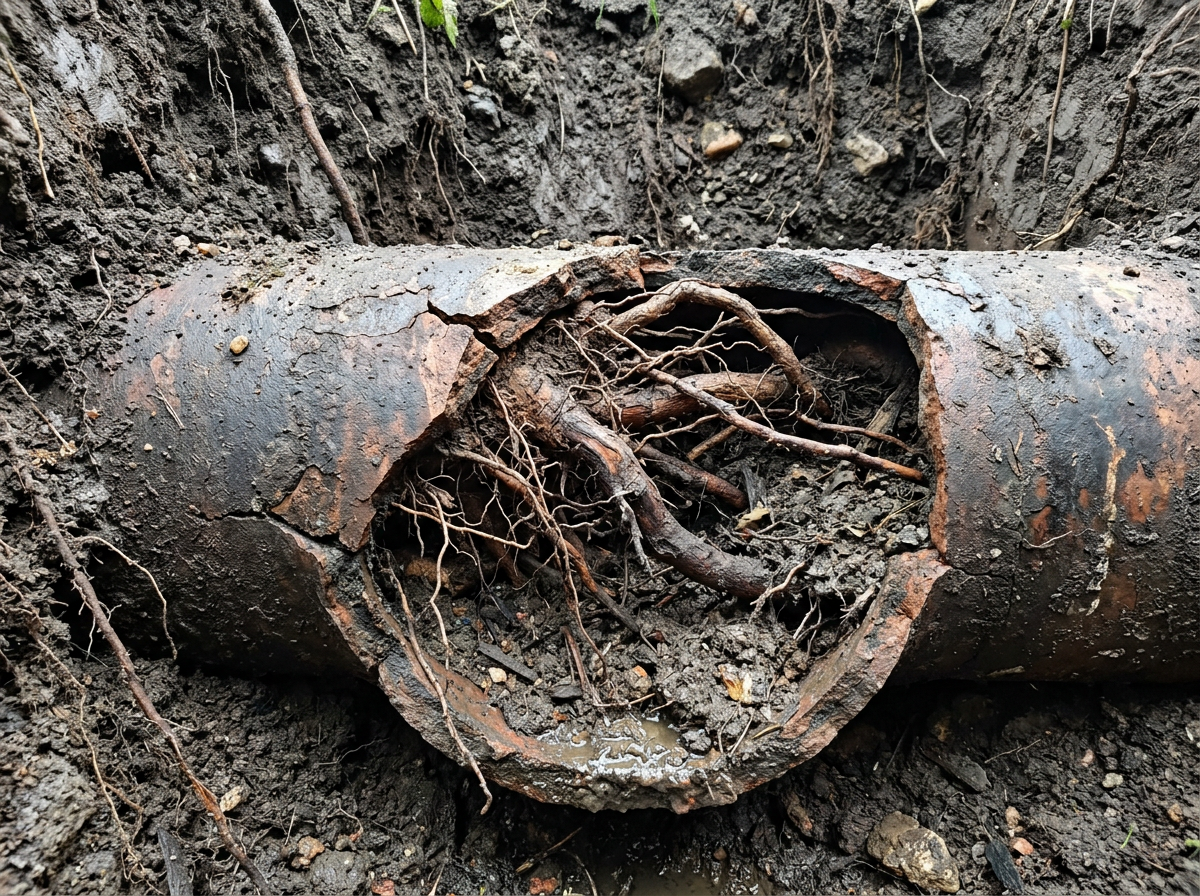 Old cracked sewer pipe with tree roots intruding and blocking the line