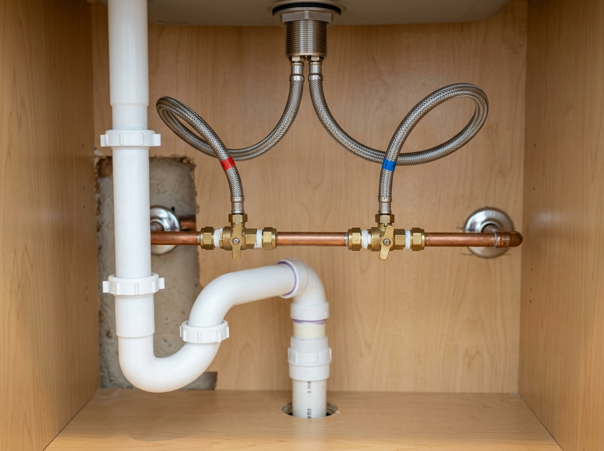 New kitchen faucet supply lines and shutoff valves connected under a sink