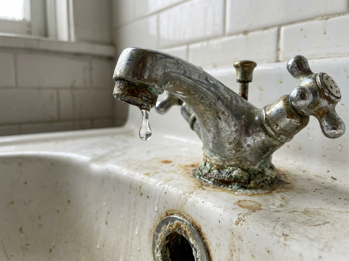 Old bathroom faucet dripping with mineral buildup and corrosion around the base