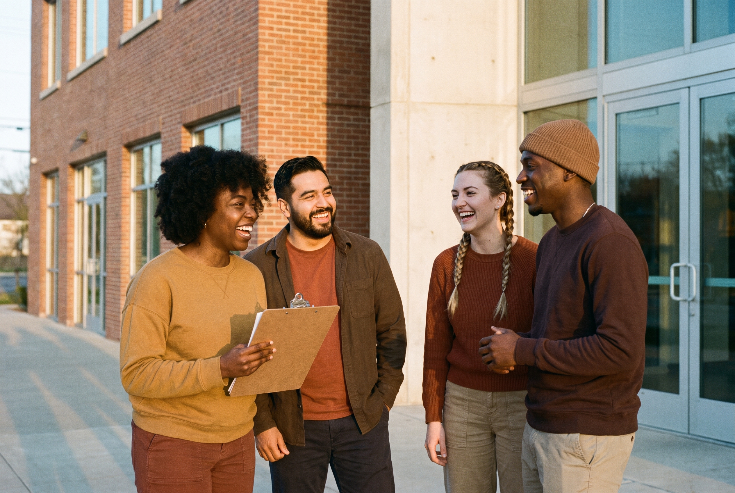 Young volunteers talking outside a church youth building