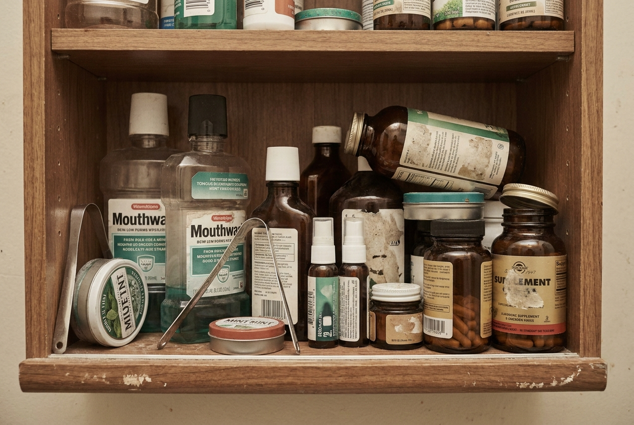 A bathroom cabinet crowded with mouthwashes, mints, scrapers and supplements