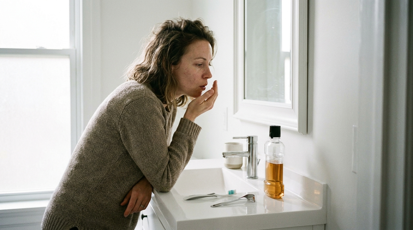 A woman at her bathroom mirror, quietly checking her own breath just after brushing