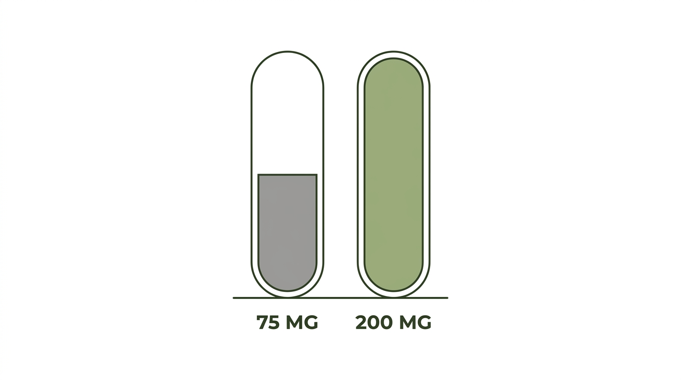 Capsule comparison showing an underfilled 75 mg dose next to a full 200 mg dose