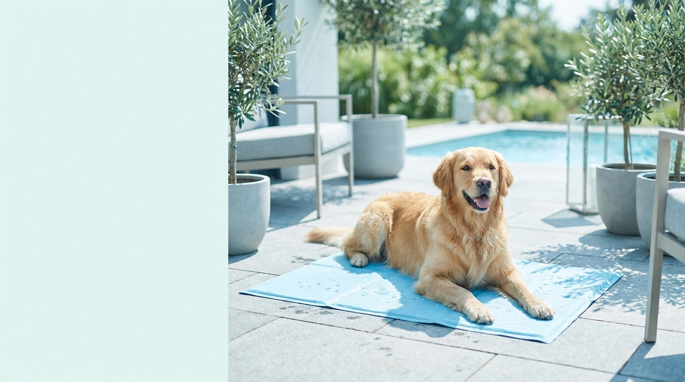 Happy dog cooling down on a blue cooling mat in summer