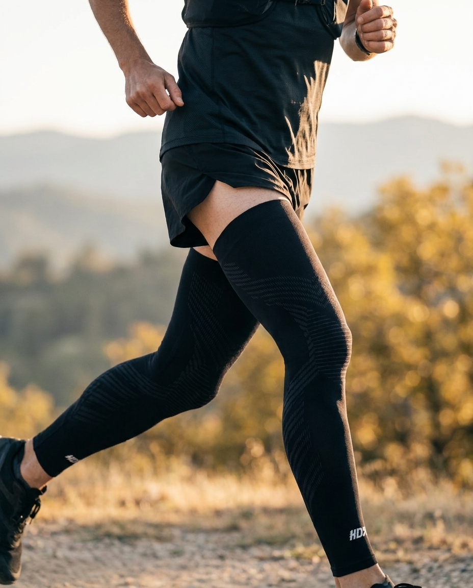 Hardloper draagt KneeMax compressie sleeve tijdens training bij zonsopgang