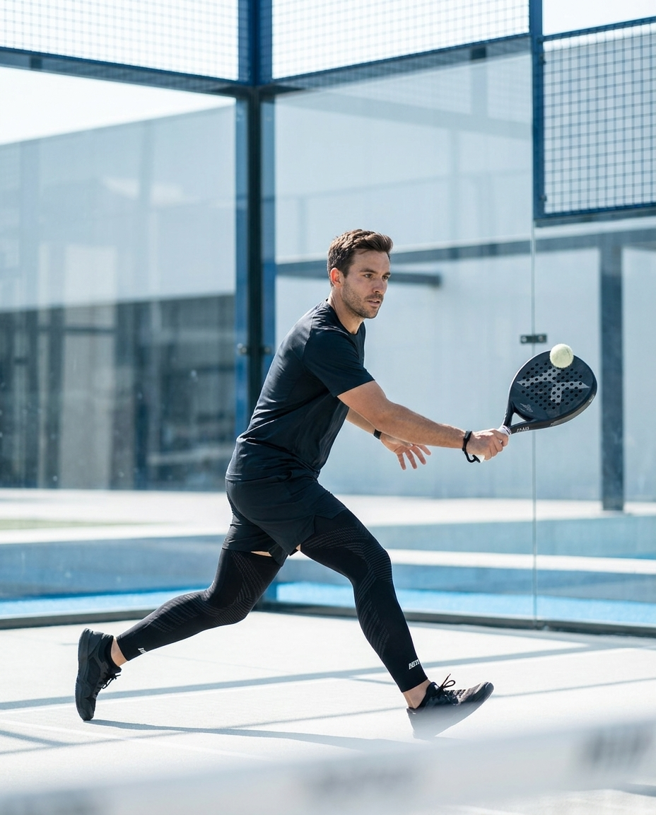 Sporter in actie tijdens padel met KneeMax compressie sleeve op beide benen