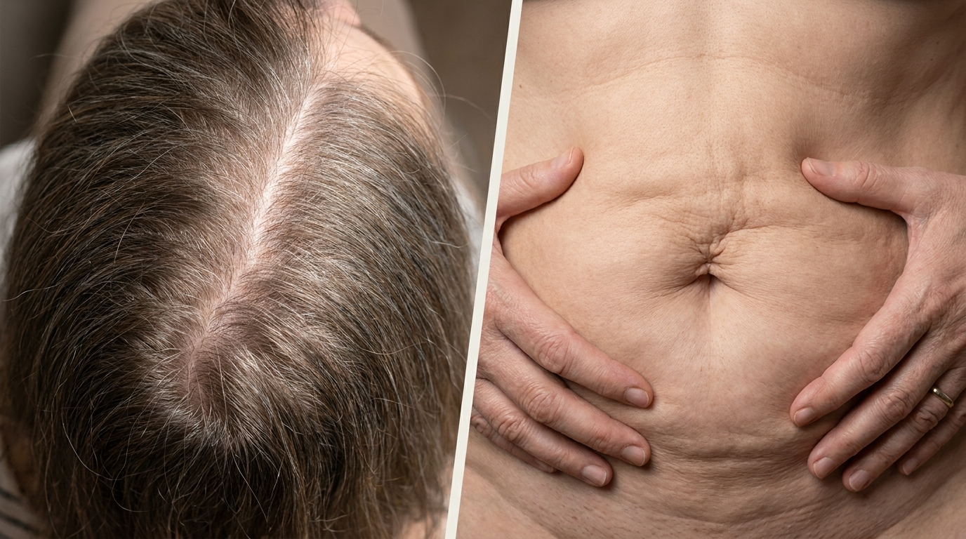 Dun haar met zichtbare hoofdhuid en losse huid rond de buik