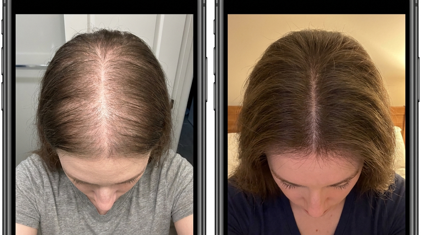 Voor en na: van dun haar met zichtbare hoofdhuid naar vol haar