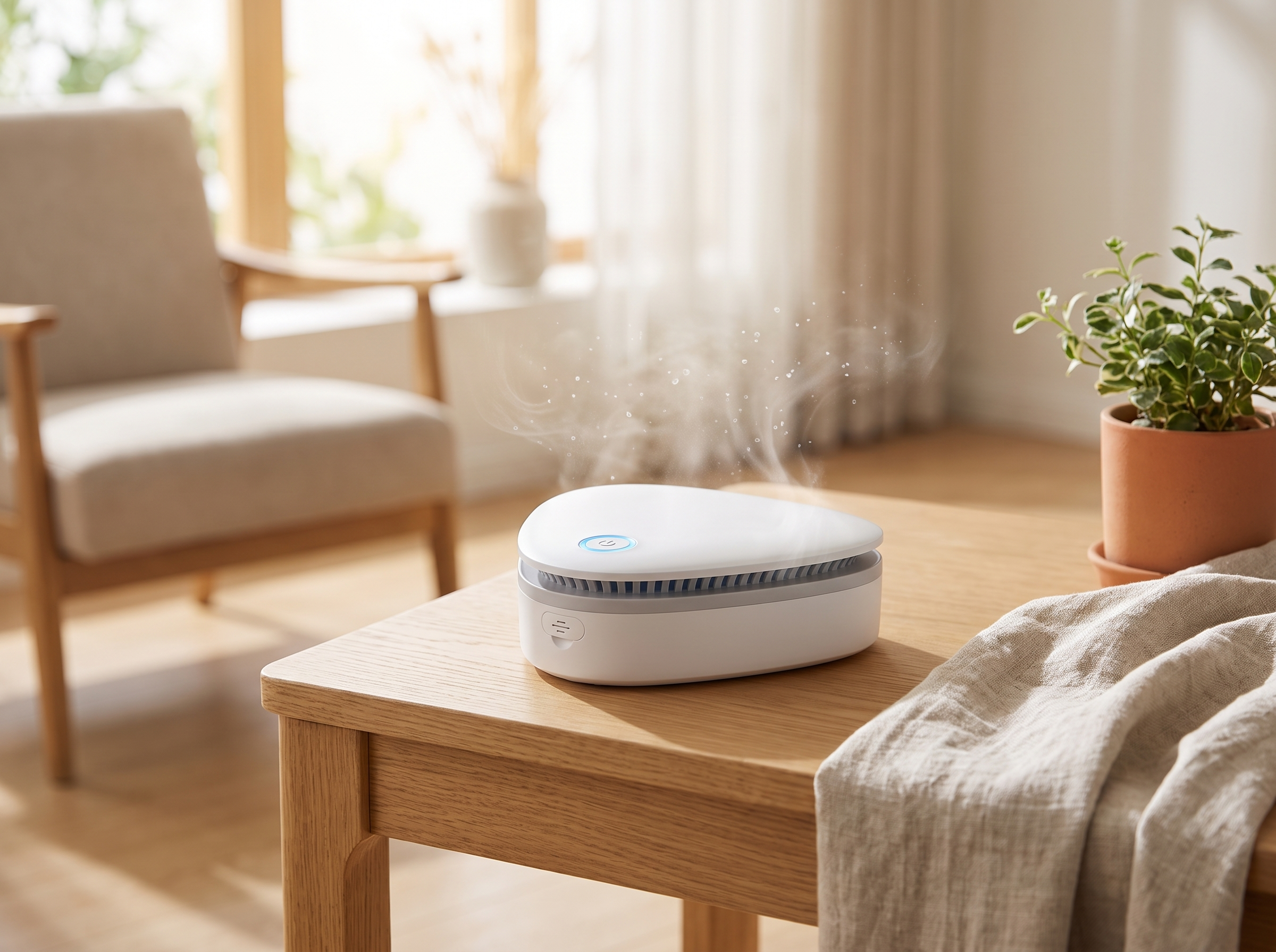 PureGo device on a side table in a bright living room