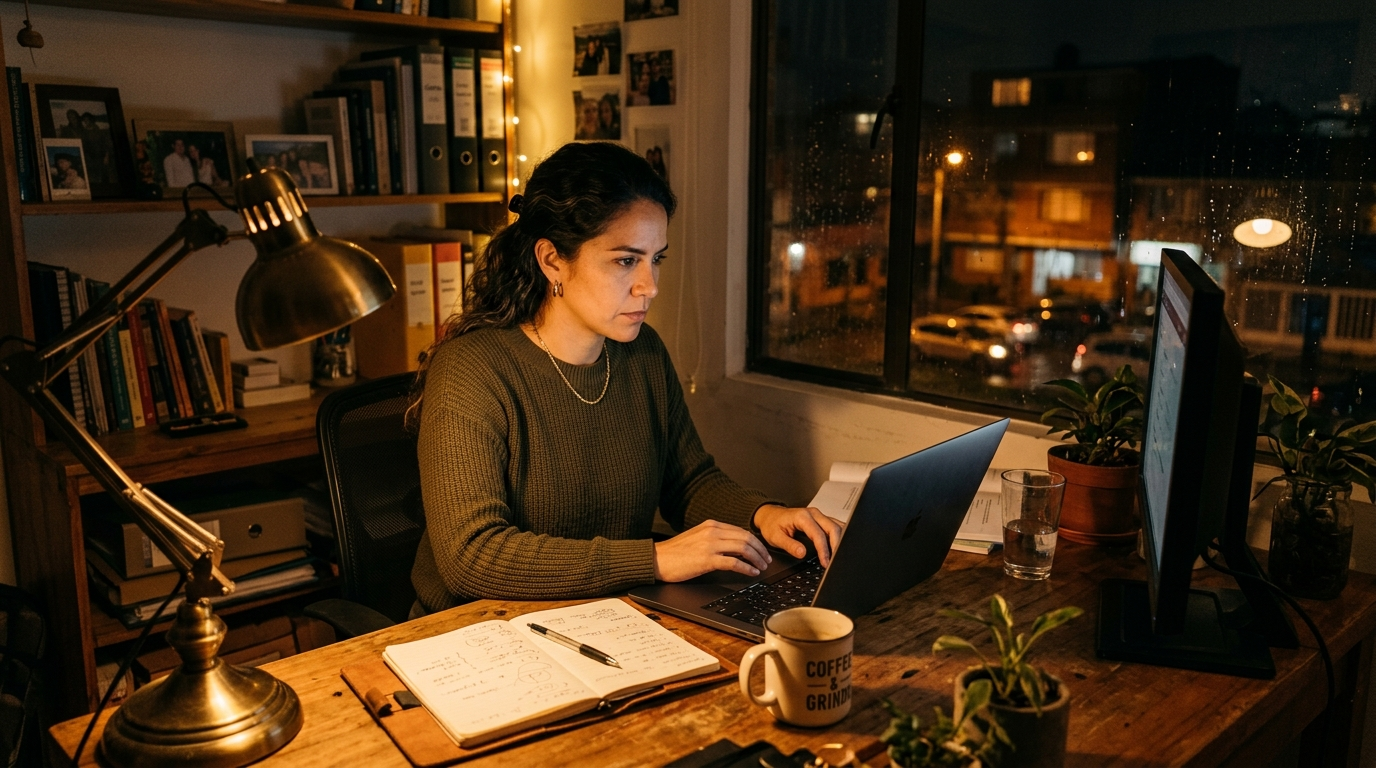 Emprendedora trabajando de noche
