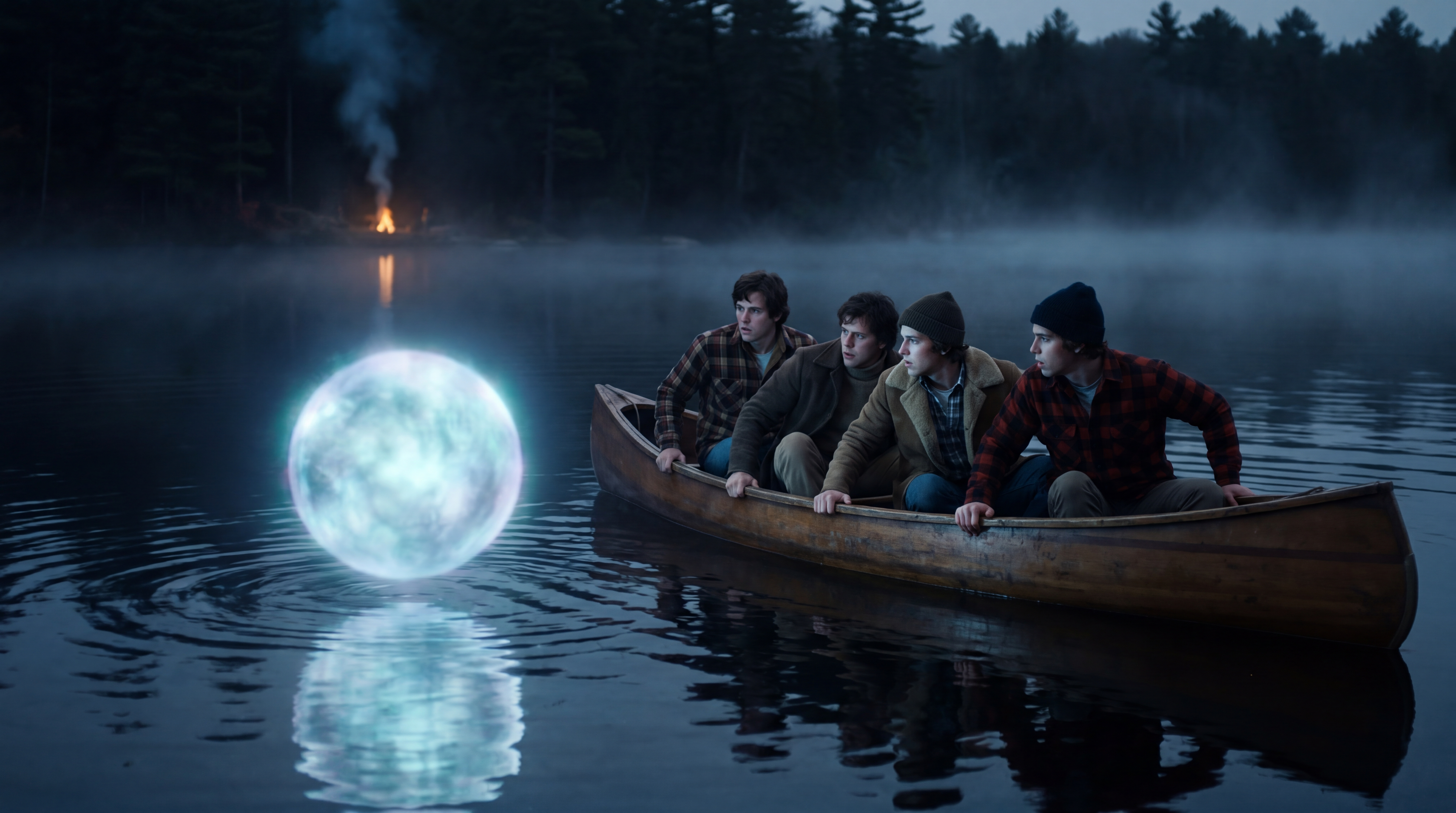 Recreación del incidente del río Allagash: cuatro hombres en canoa con una esfera de luz sobre el lago