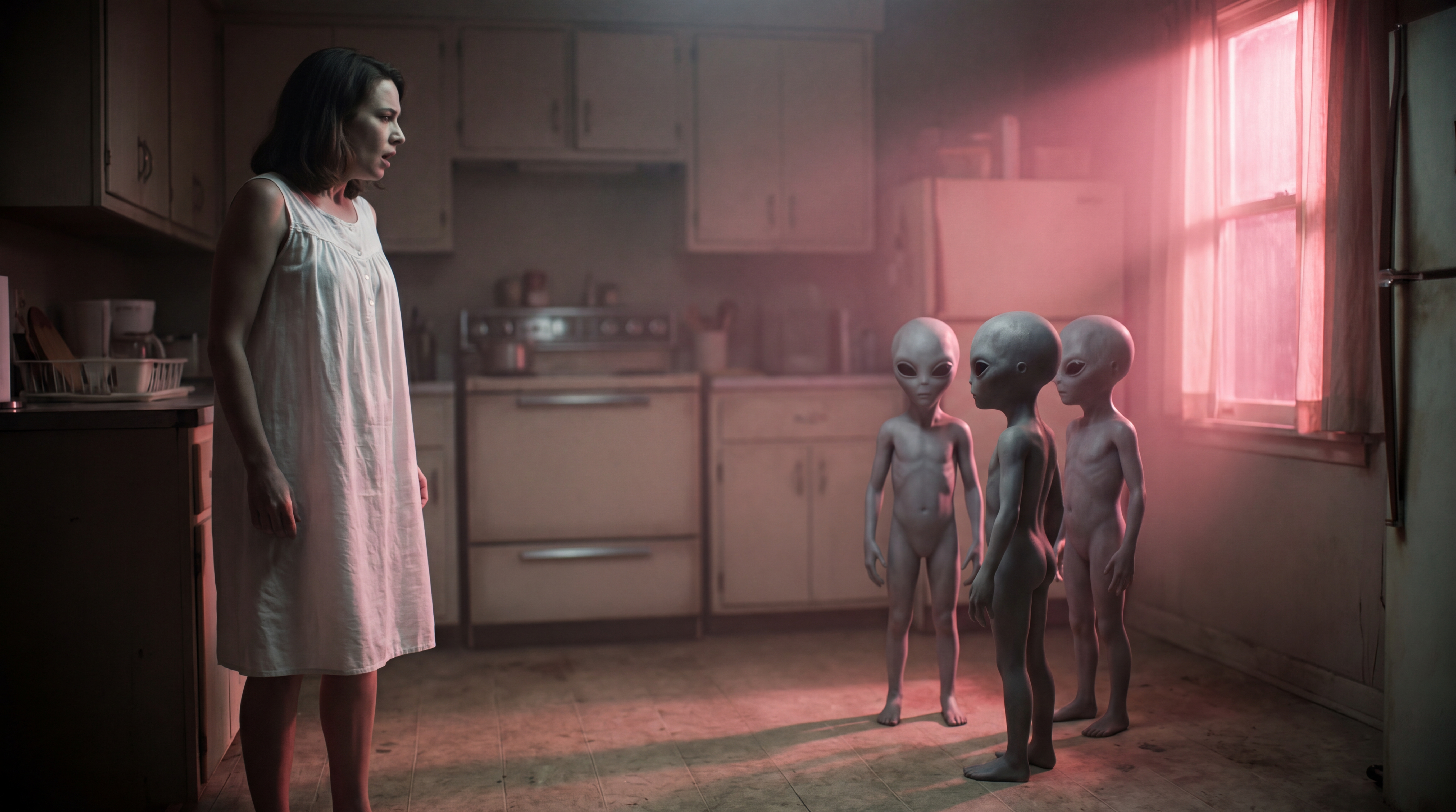 Recreación del caso Betty Andreasson: cocina iluminada por una luz rosada con seres entrando