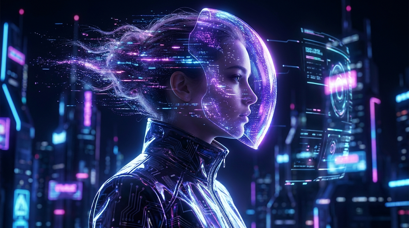 Mujer futurista con partículas de datos IA