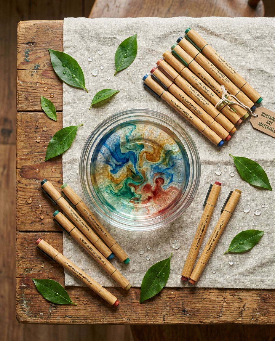 Nachhaltige Aquamaler auf Holztisch mit Naturmaterialien