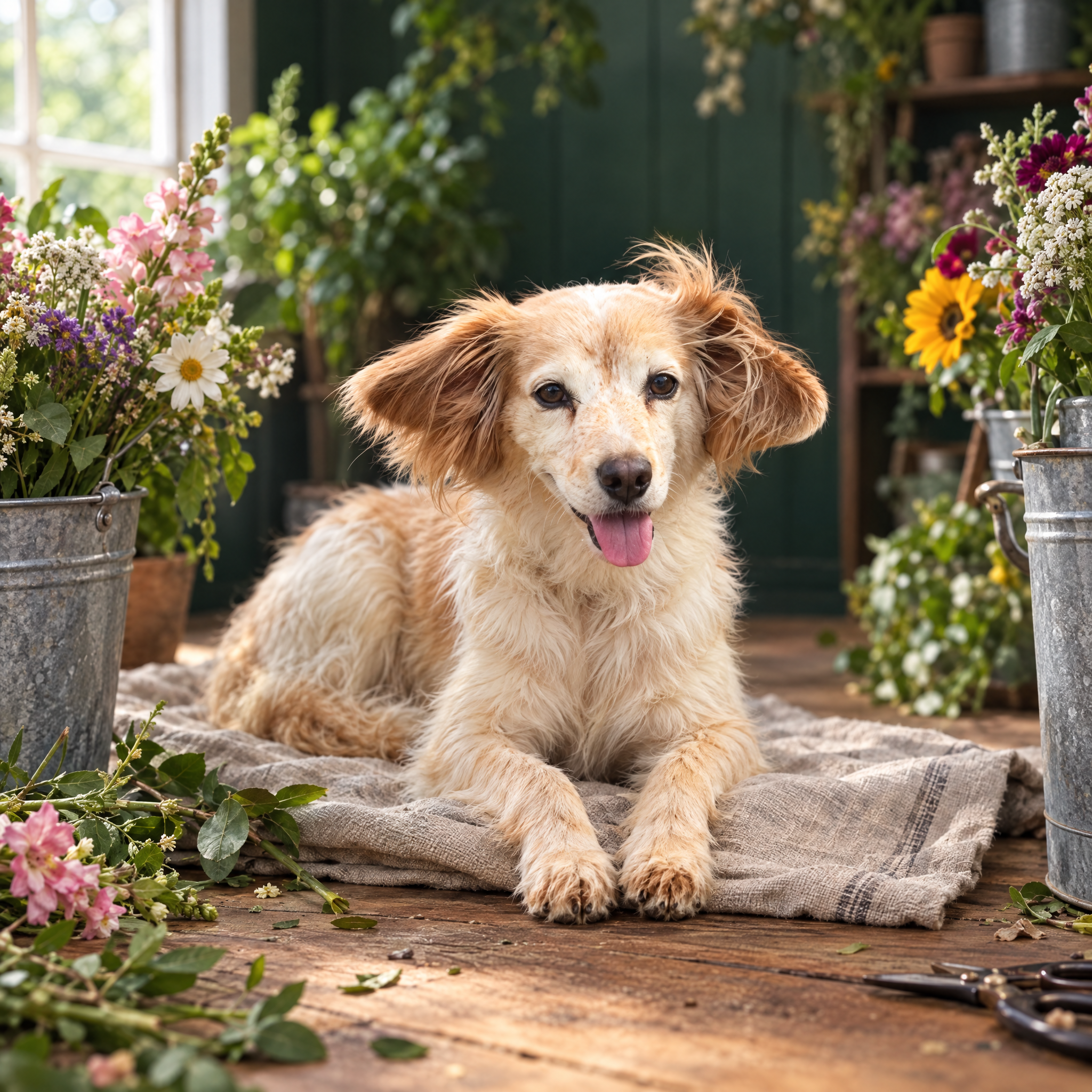 Fig the dog resting among flower buckets in the studio