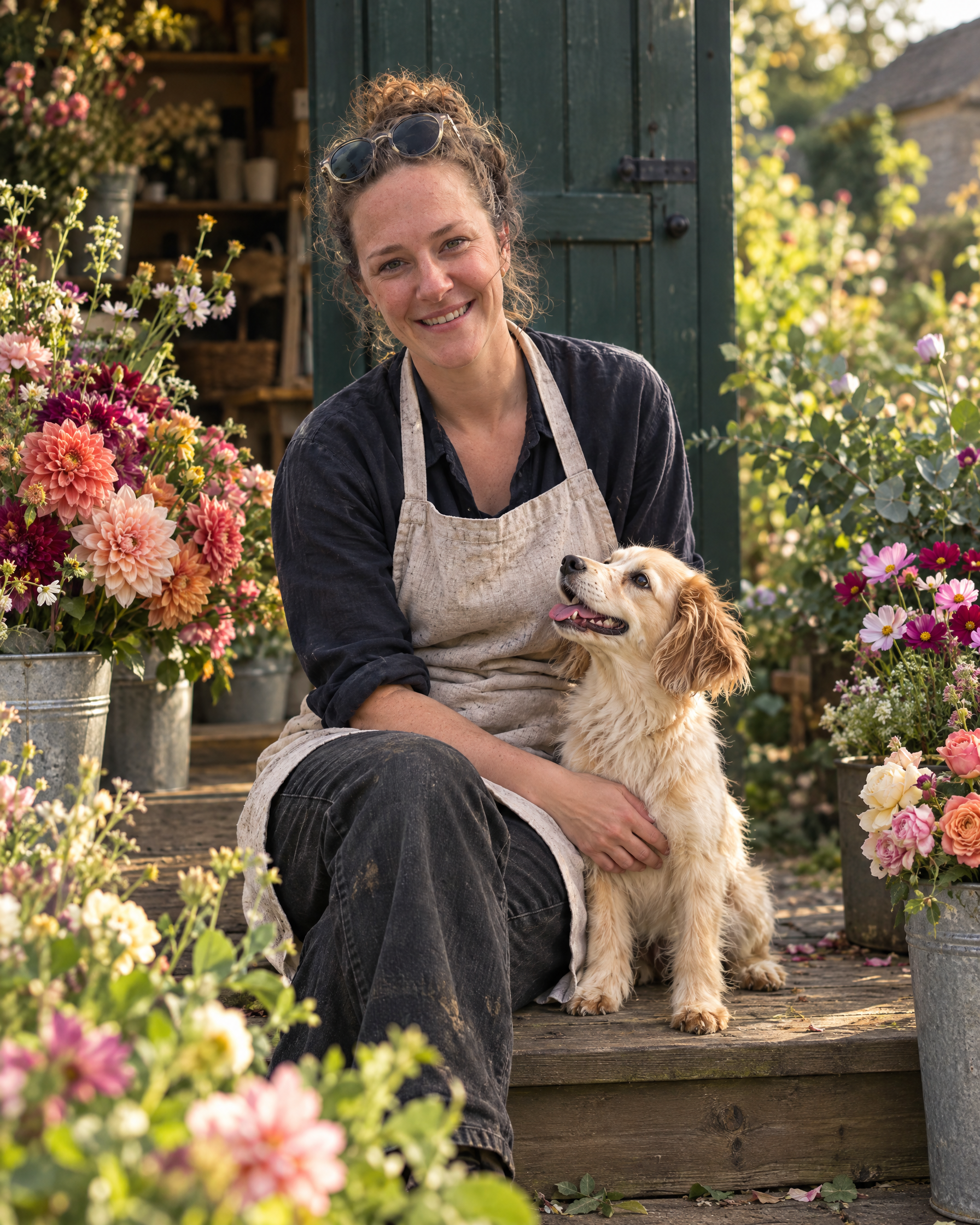 Kate laughing with Fig on the studio step among buckets of flowers
