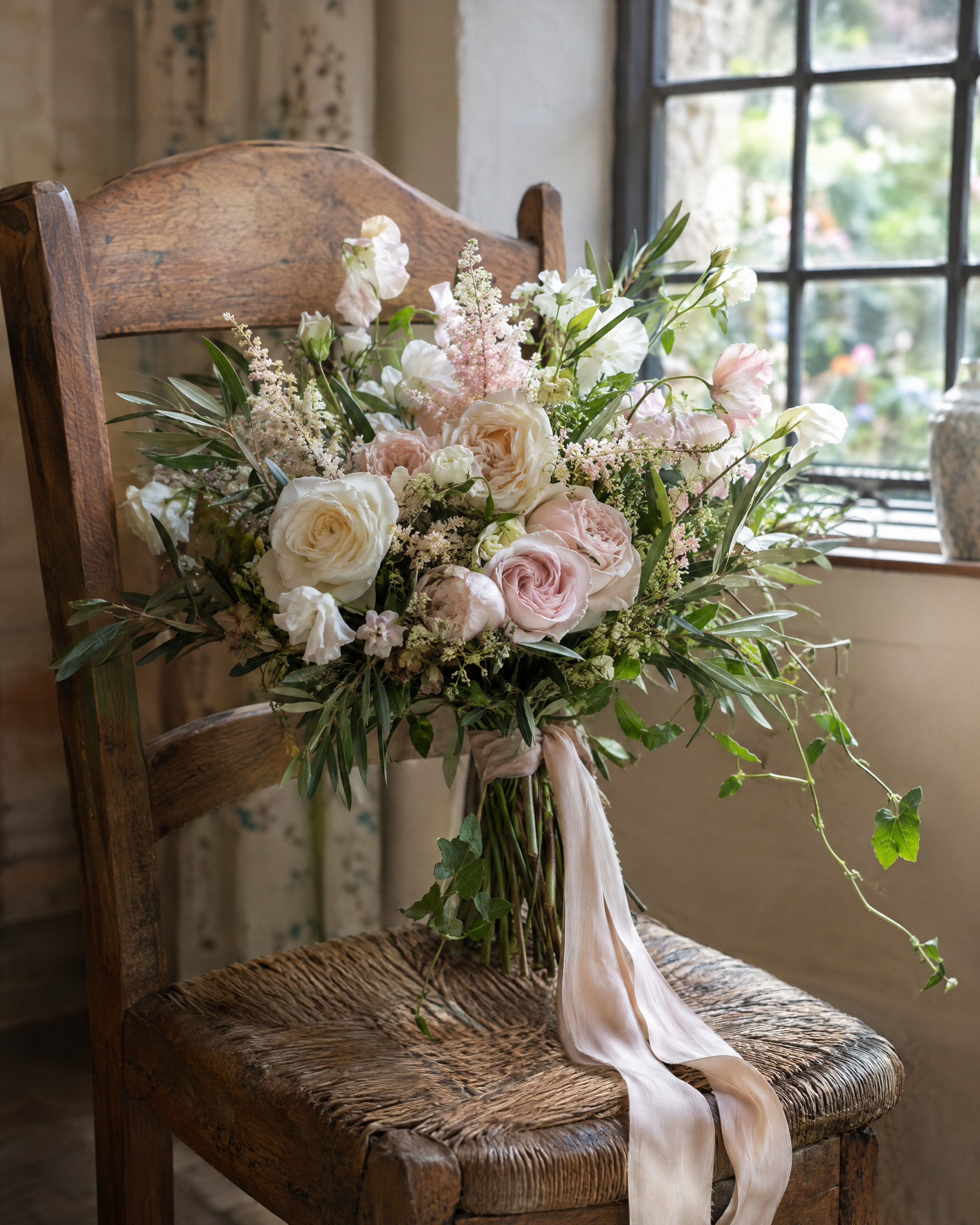 Loose white and blush bouquet resting on a wooden chair by a window