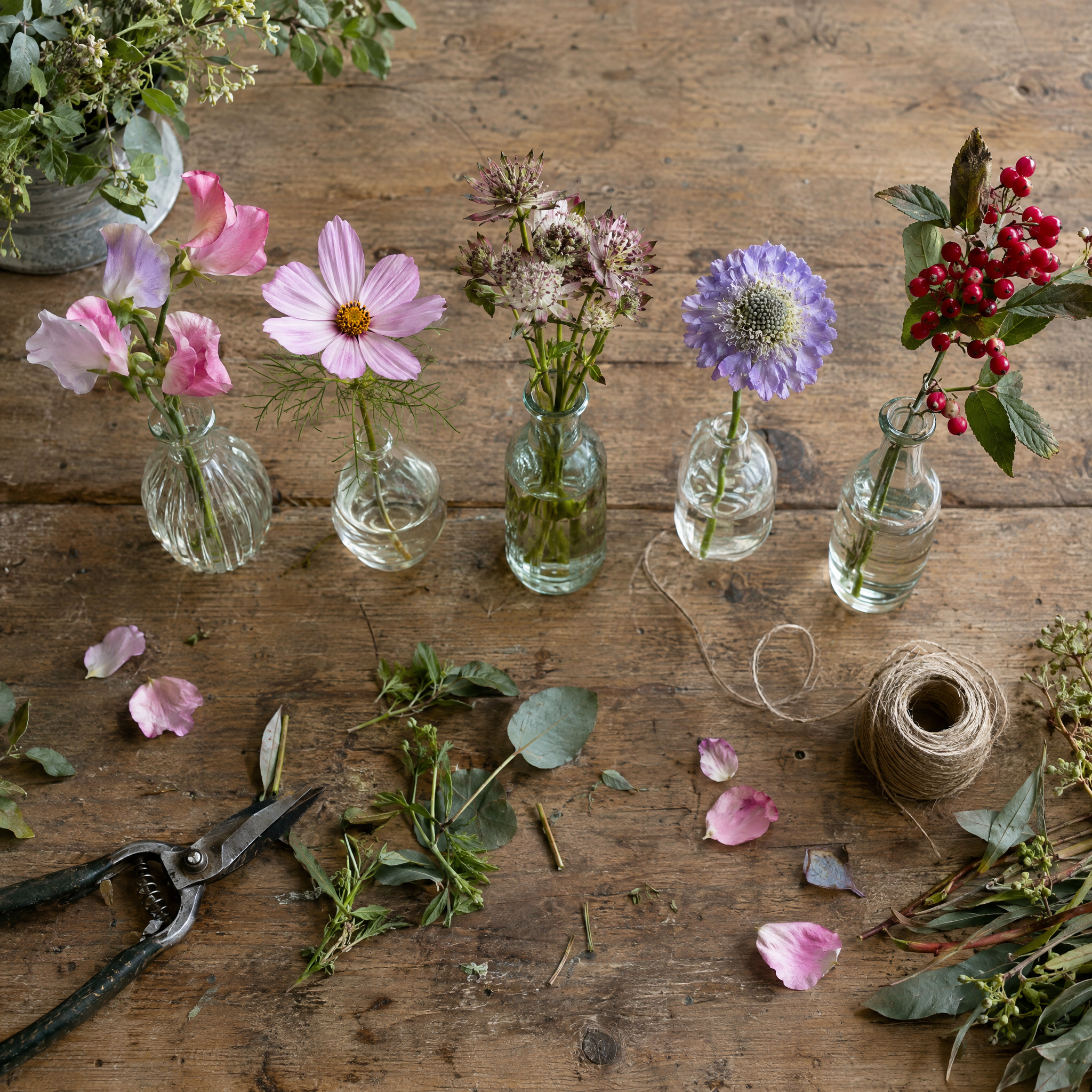 Single seasonal stems arranged in vintage bud vases