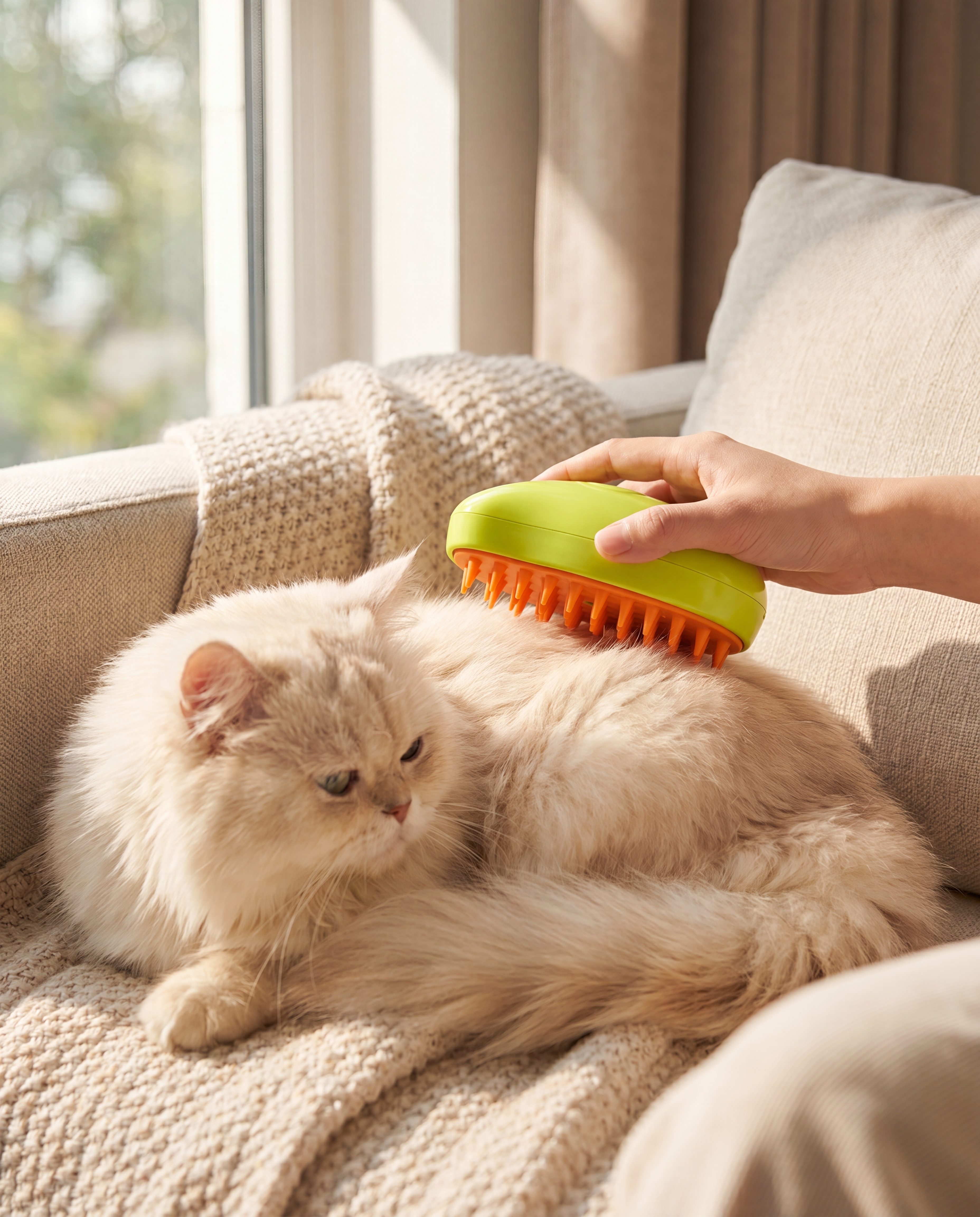 Person grooming a cat with the Mistipaw steam brush