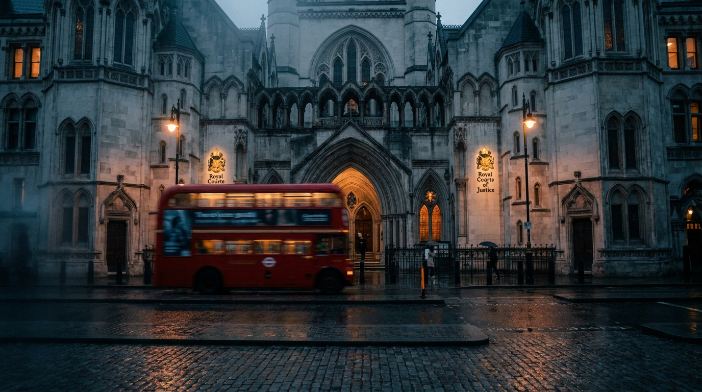 The Royal Courts of Justice, London, at dusk in light rain