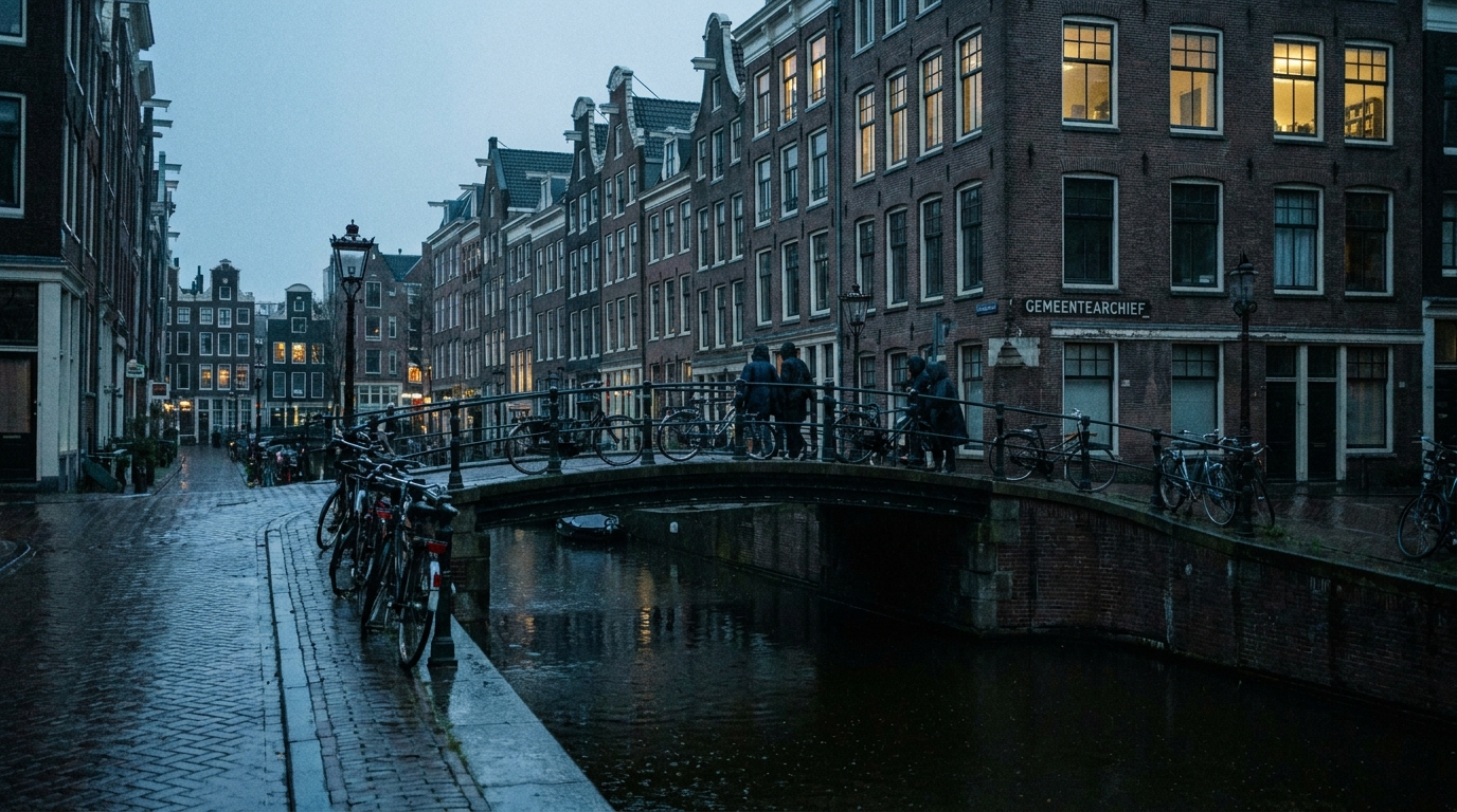 Amsterdam canal ring at dusk, gabled houses reflected in the water