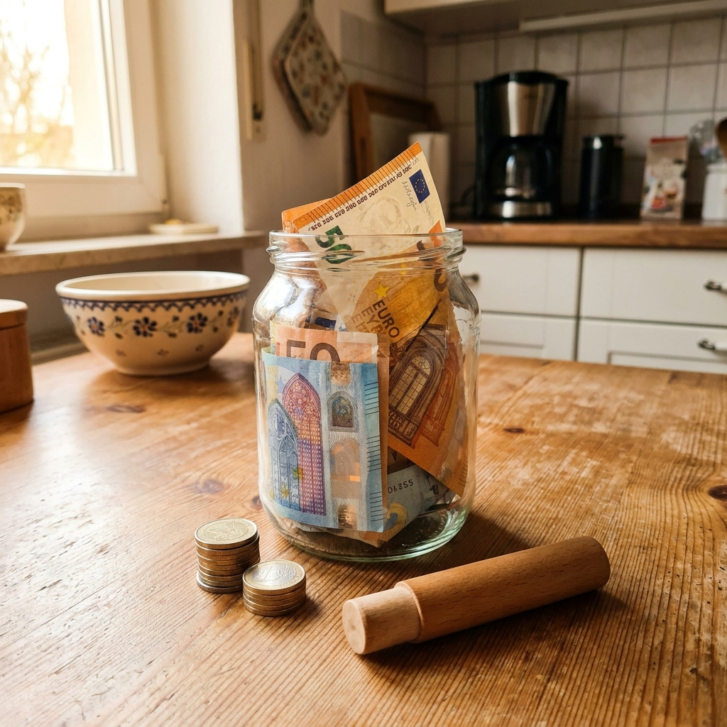 Das gesparte Zigarettengeld im Glas auf dem Küchentisch