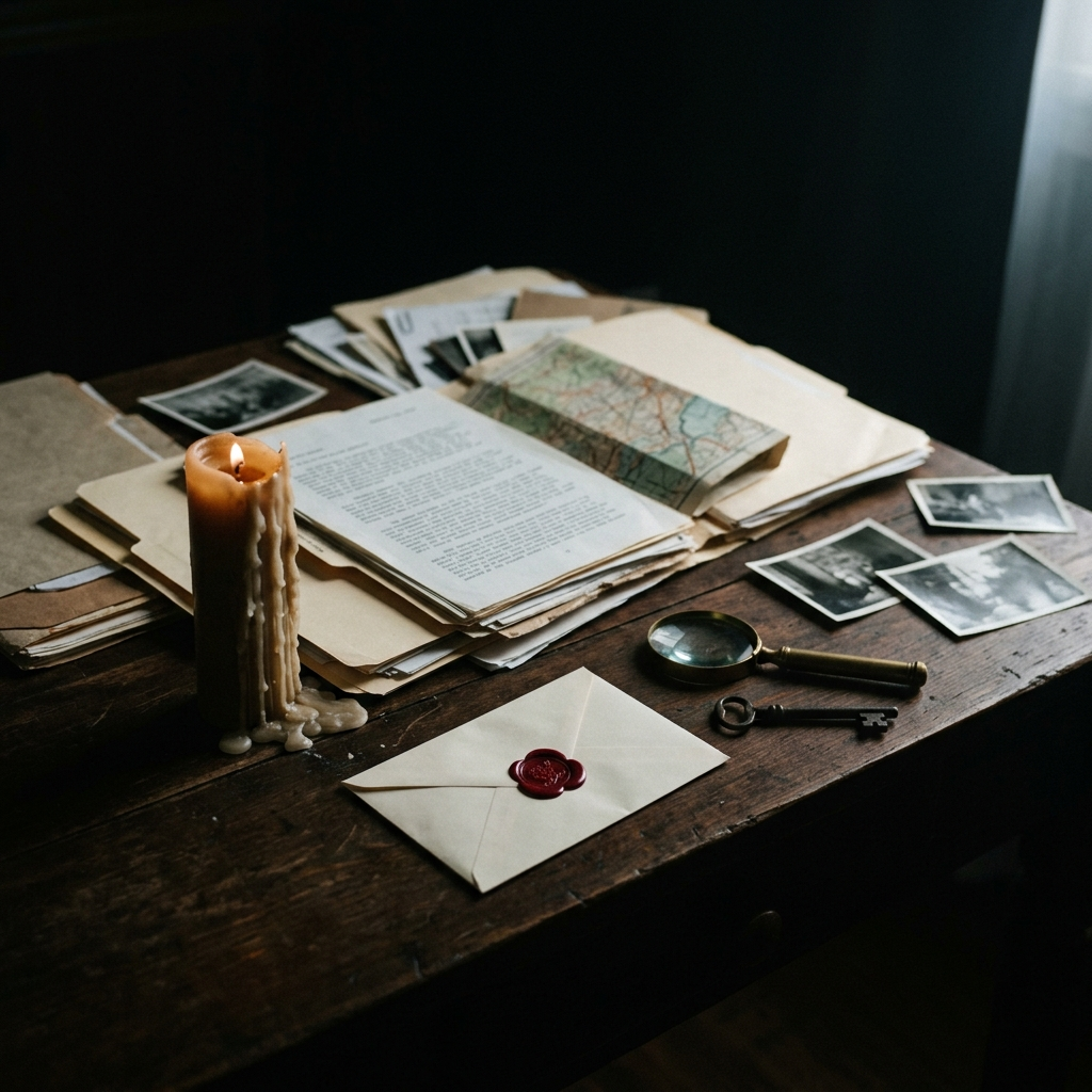 Dossiers, photographies et enveloppe scell&eacute;e sur une table sombre, &agrave; c&ocirc;t&eacute; d'une bougie consum&eacute;e